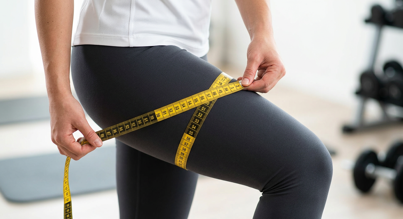 Visual guide for thigh measurement. Tape measure around the widest part of the upper leg. High-quality instructional aesthetic.